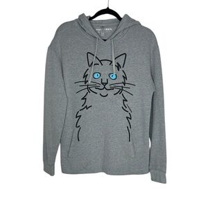 Marushka Blue Eyed Cat Whimsical Wearable Art gray pullover hoodie size Medium